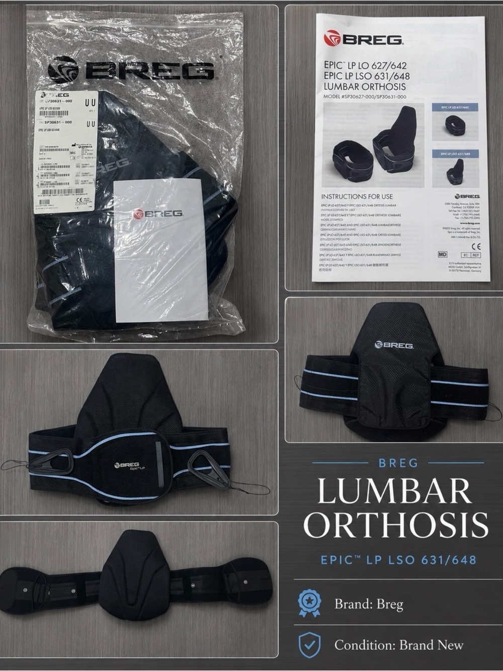 Breg Epic LP LSO 631/648 Lumbar Back Brace Brand New